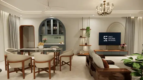 Spacious living room with wooden furniture, accent wall art, chandelier, and floating TV unit