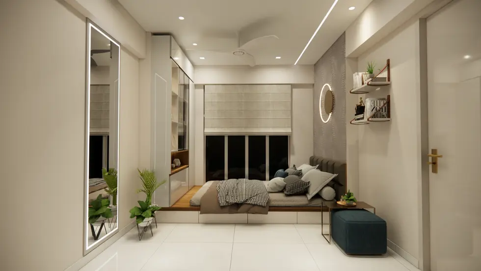 Luxurious bedroom with LED-lit mirror wardrobe, glass display unit, platform bed, and warm ambient lighting.

