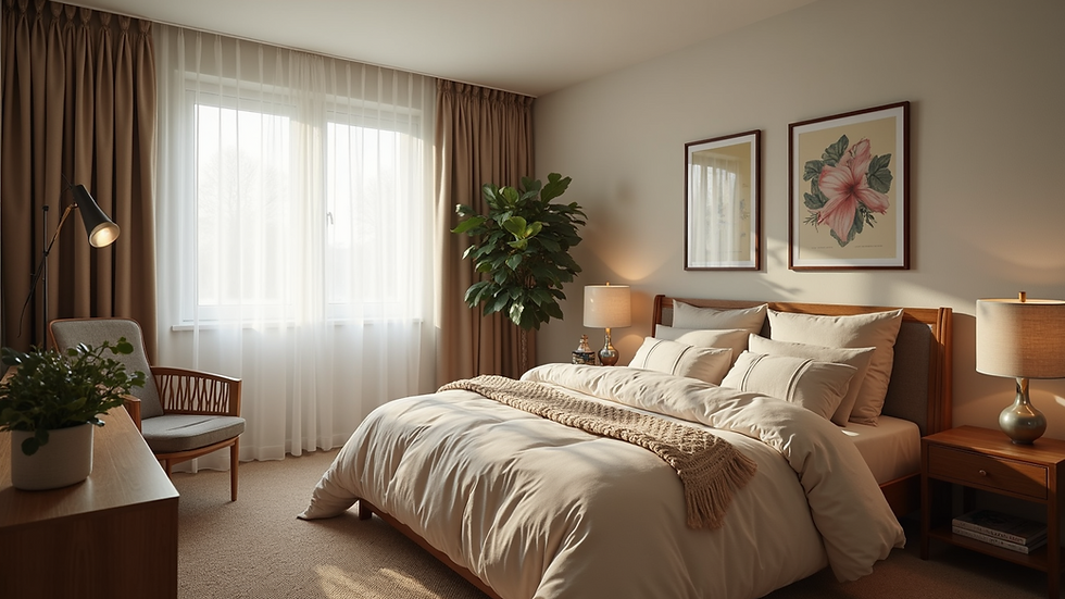 Eye-level view of a cozy bedroom featuring eclectic design elements