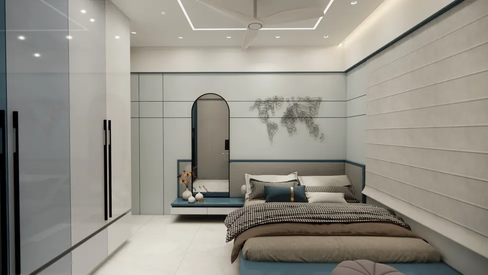 Modern bedroom, grey and blue accents, world map wall decor, sleek wardrobe, custom lighting.