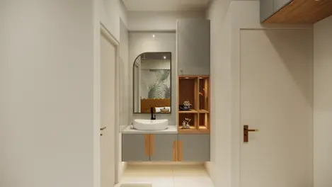 Luxury Wash basin with storage cabinet and wall-mounted mirror in  bedroom.