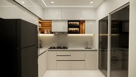 Premium L shaped kitchen with white upper cabinets beige base units wood accents glass cabinet and quartz worktop