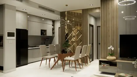 Open-plan luxury living and dining area with glass feature wall, grey kitchen cabinets, and modern TV wall in warm neutrals.

