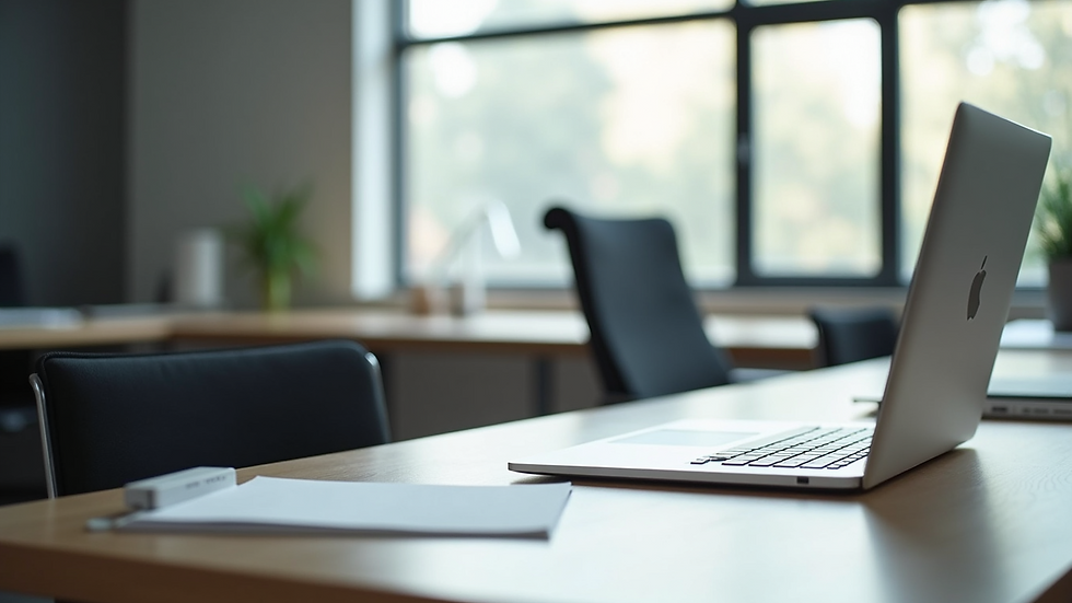 Close-up shot of a minimalistic desk setup in a modern office
