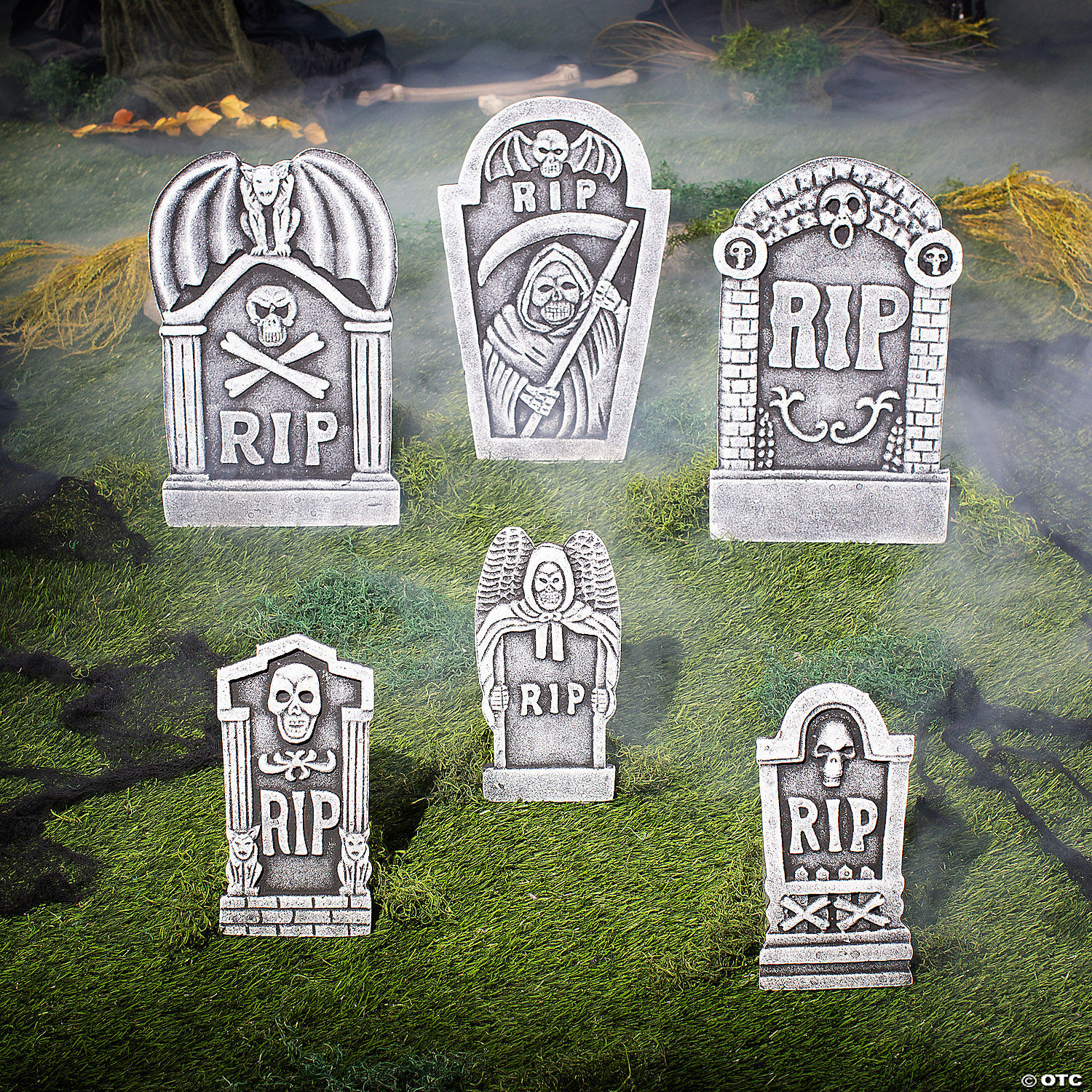 Grim Reaper RIP Foam Tombstone Halloween Decorations Set – 6 Pc