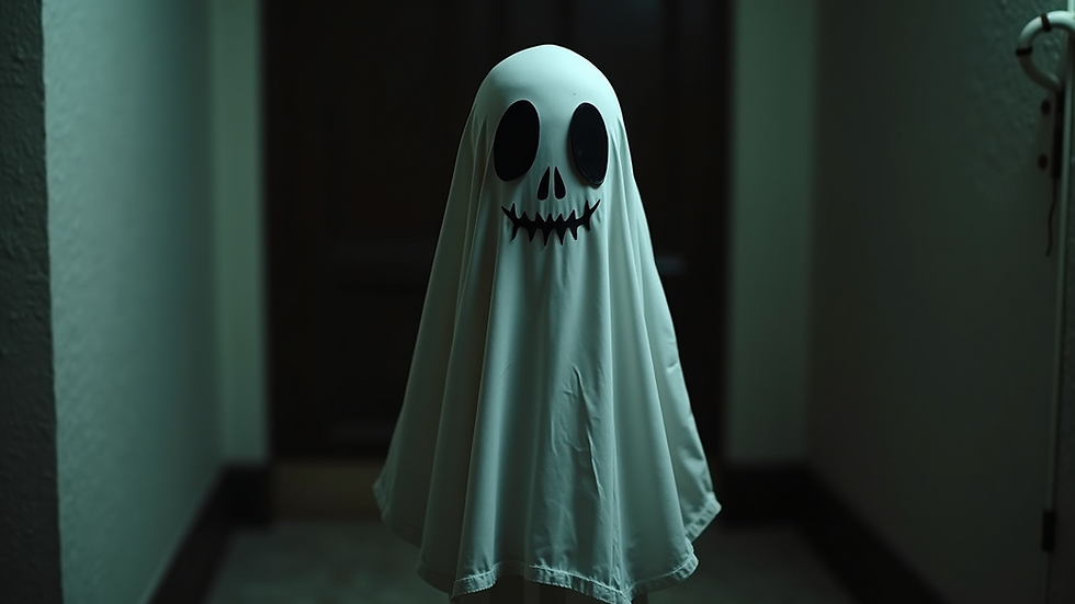 Eye-level view of a spooky animatronic ghost prop in a dimly lit room