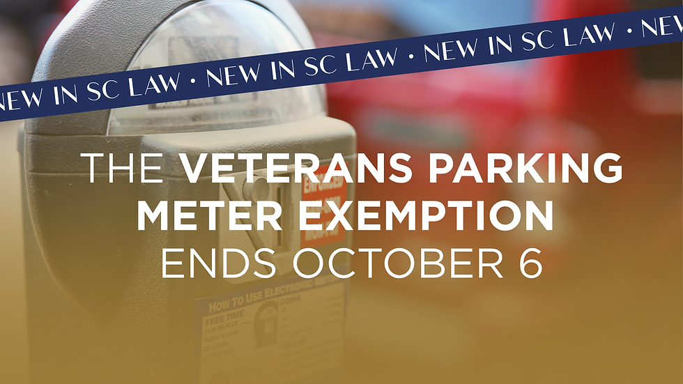 South Carolina repealed the free metered parking benefit for disabled veterans and Purple Heart recipients. The change takes effect October 6, 2026. 