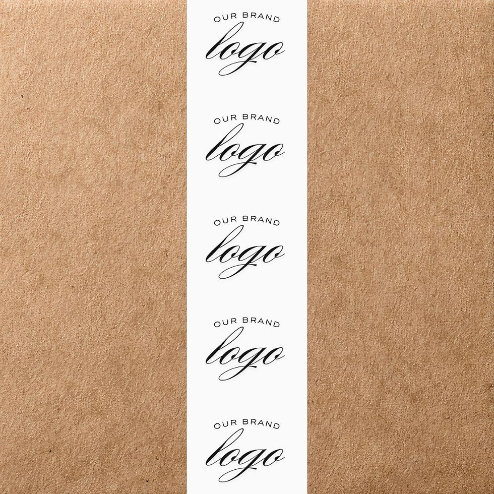 Thumbnail: Close-up of personalised packing tape wrapped around a sealed parcel ready for dispatch.