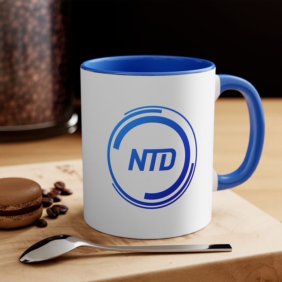 Modern Blue Accent Mug for Coffee Lovers with NTD Logo