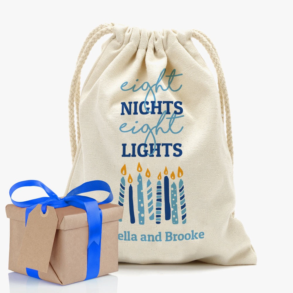 Eight Night Eight Lights Custom Drawstring Sack | Personalized Hanukkah Gifts Ba