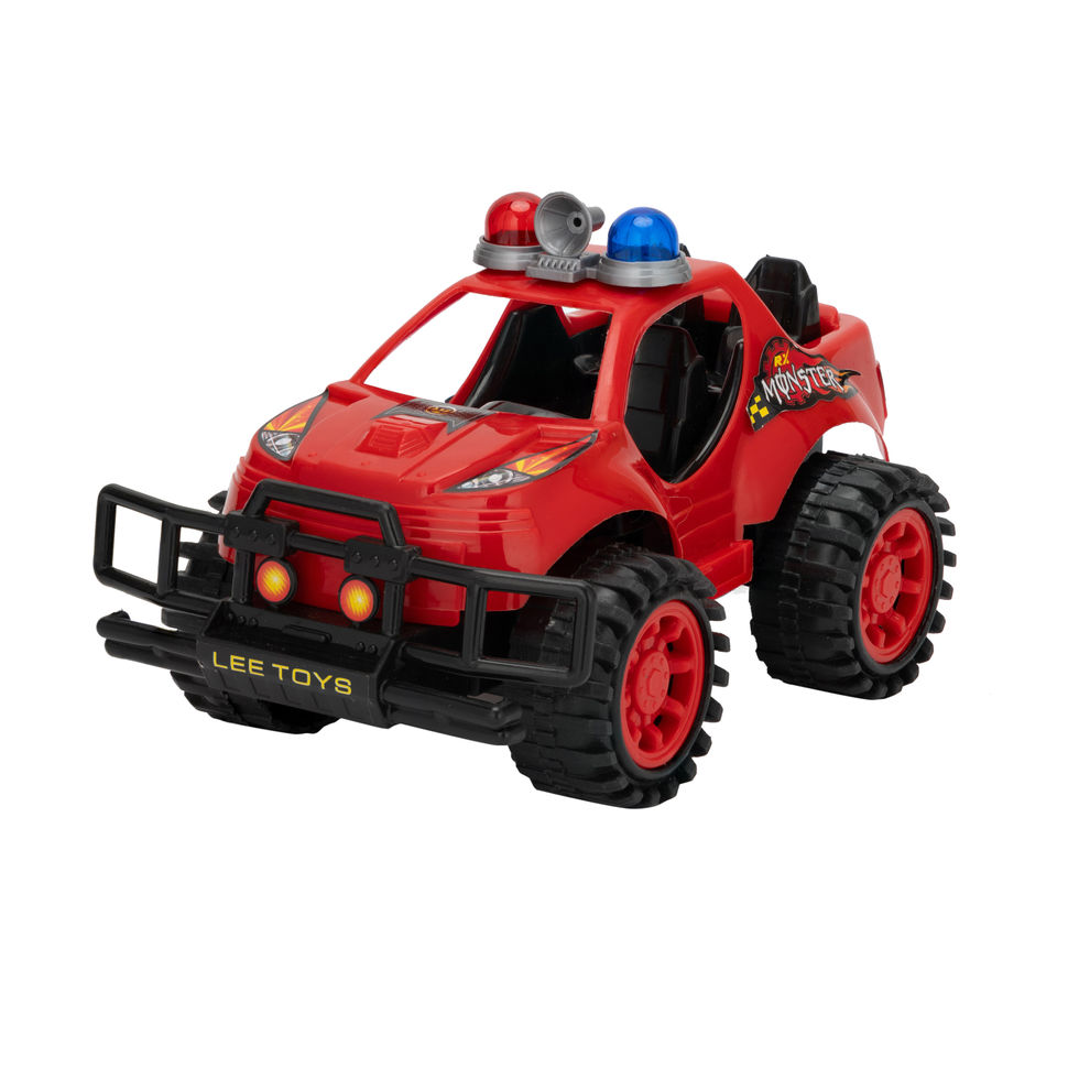 Red toy fire rescue truck with large wheels and lights