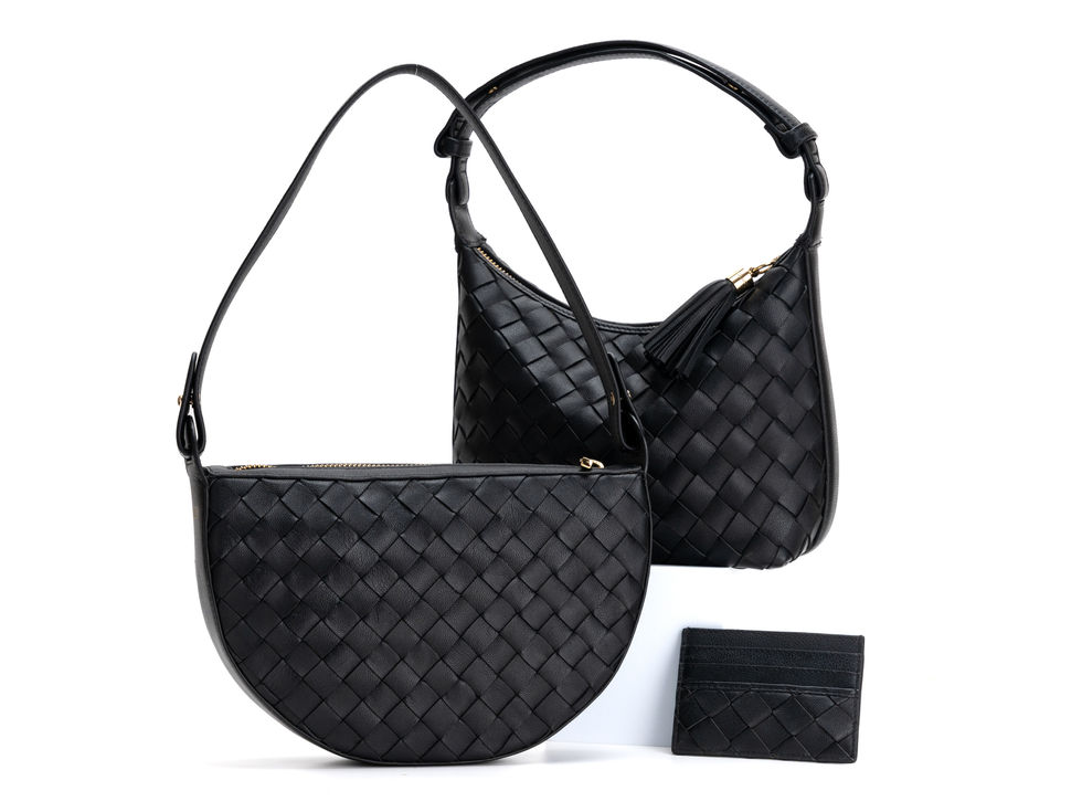 Black woven leather crescent bag, hobo bag, and cardholder set