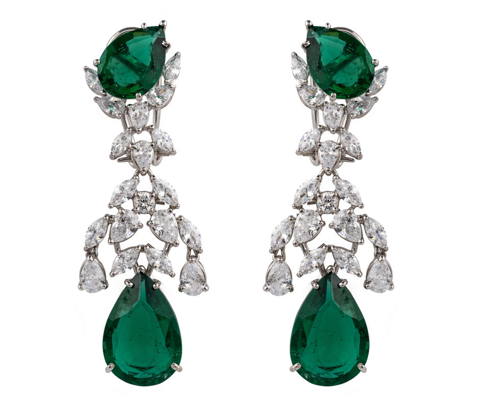 Pair of emerald and diamond drop earrings