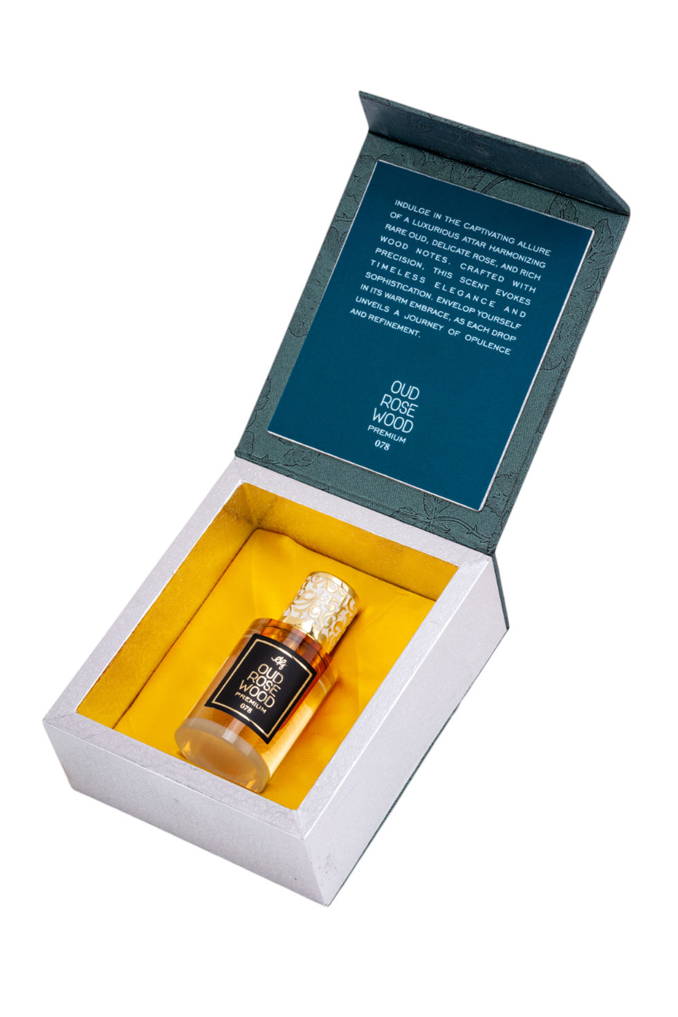 Small bottle with 'Old Rose Wood' label in open white box