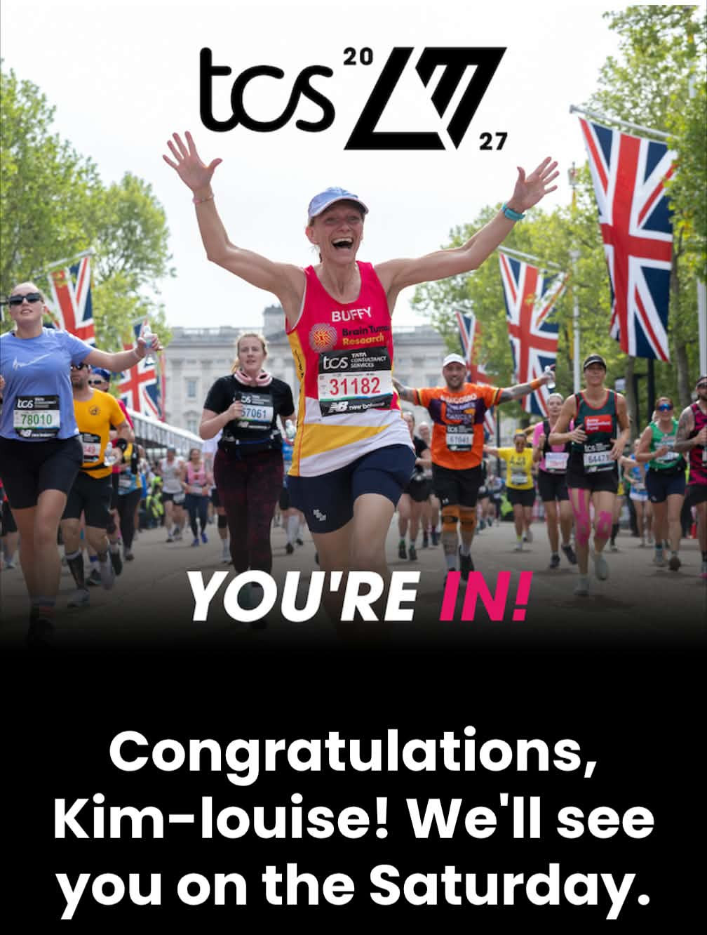 TCS London Marathon confirmation showing Chooky’s Saturday 24 April 2027 race place.