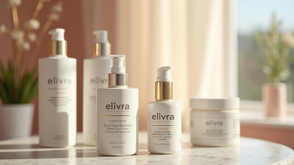 High angle view of a skincare display with Elivra products