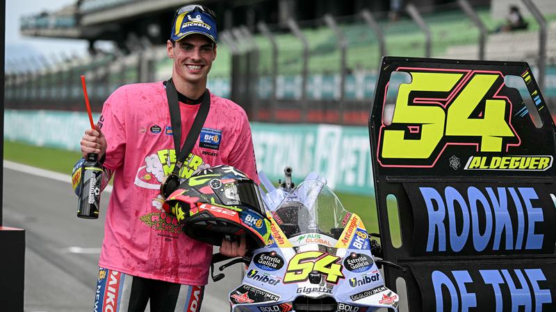 Gresini MotoGP rider celebrating a 2025 podium result