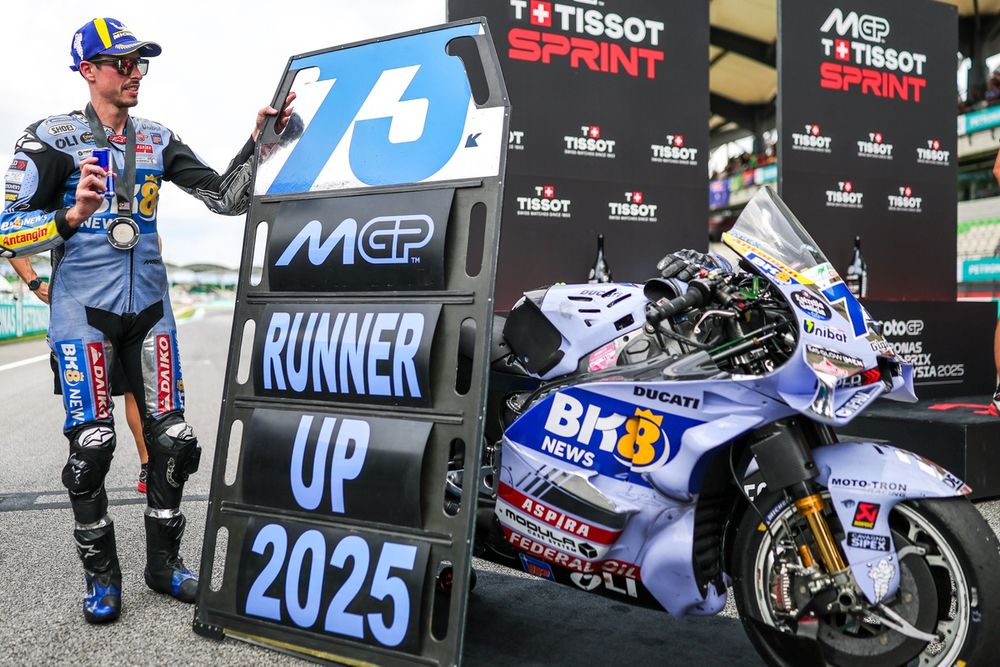 Gresini MotoGP rider and motorcycle at the 2025 podium