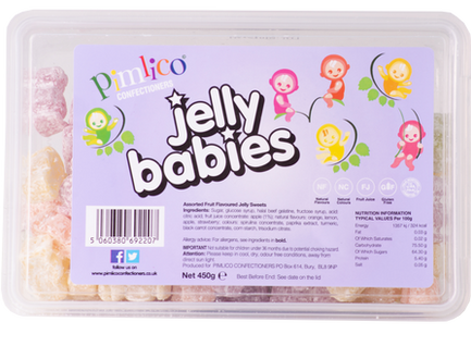 These classic soft chewy jelly babies are a favourite among kids and adults alike. They're made with real fruit juice and natural flavours and colours, making them a real treat on the taste buds. Halal Variety of flavours (orange, lemon, apple & strawberry) Made with real fruit juice Natural flavours & colours