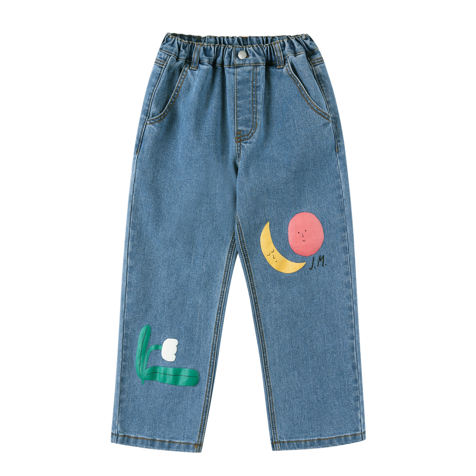Jelly Mallow Colored Nature Denim Pants – kids blue denim pants with colorful nature print
