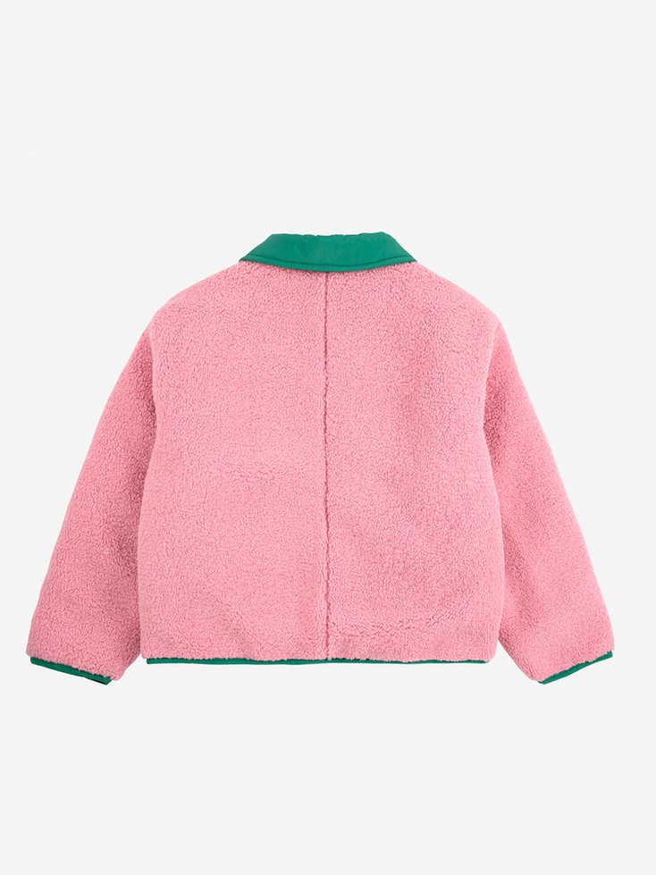 Back view of jacket in pink sheepskin