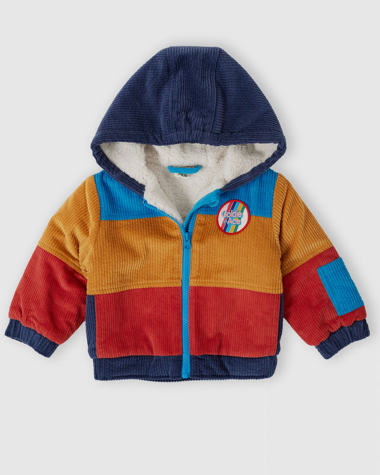 Front view of the Goldie & Ace Retro Corduroy Colourblock Jacket in red, mustard, and blue.