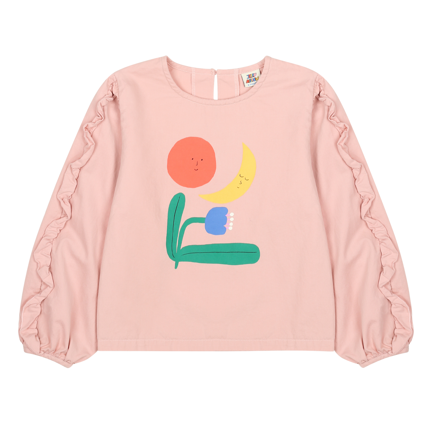 Jelly Mallow Colored Nature Blouse – kids pink blouse with nature-inspired print and ruffle sleeves