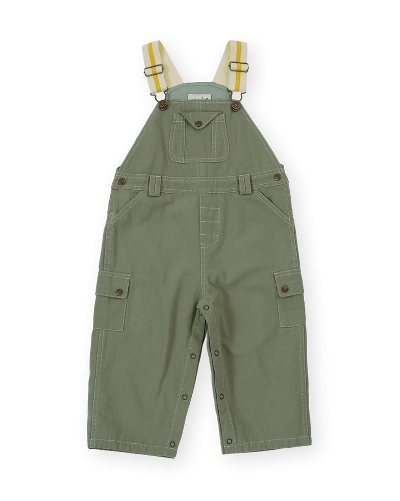 Olive green children’s overalls with adjustable straps, front bib pocket, and cargo-style side pockets.