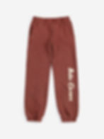 Brown children’s sweatpants with an elastic waistband, cuffed ankles, and white “Bobo Choses” text on the leg.