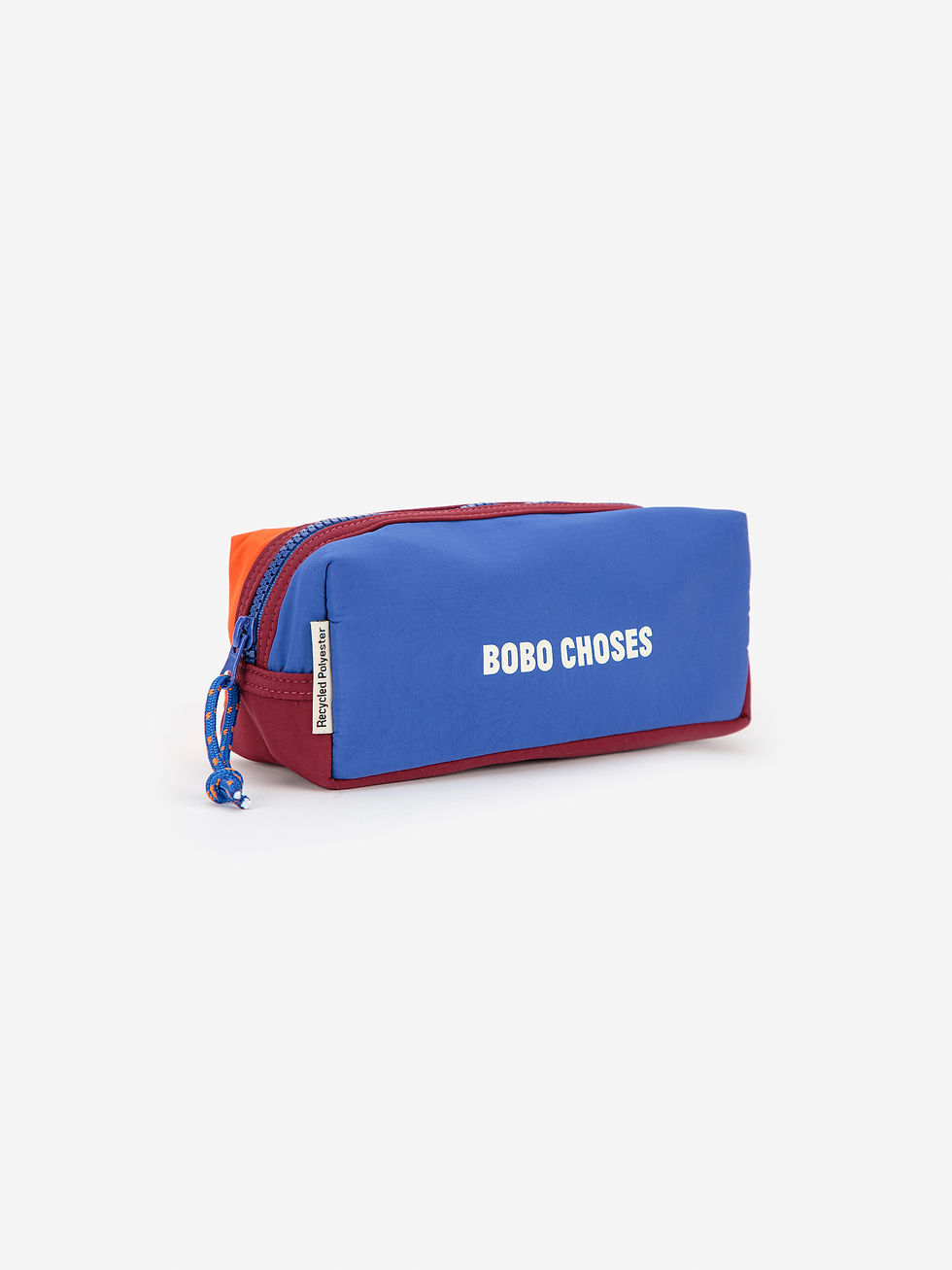 Side view of Bobo Choses color block pencil case in blue and red