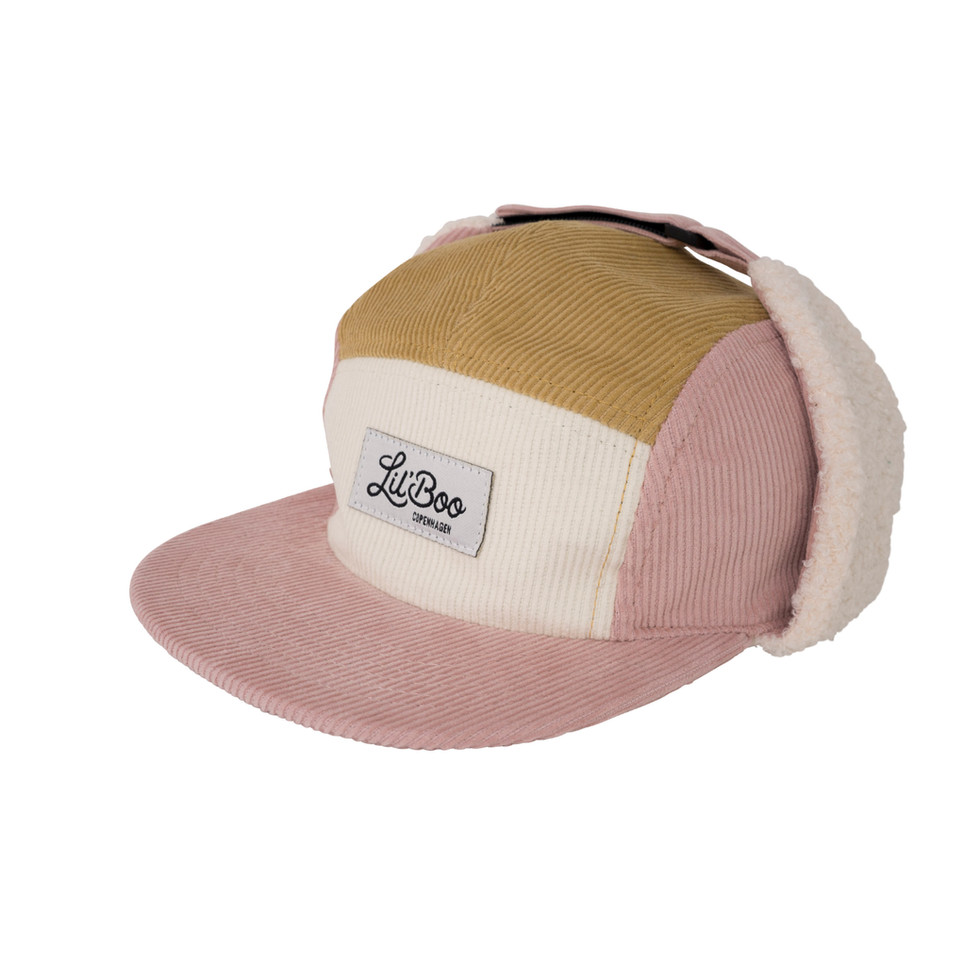 Side view of Lil’ Boo pink and mustard corduroy color-block cap showing ear flaps and logo patch.