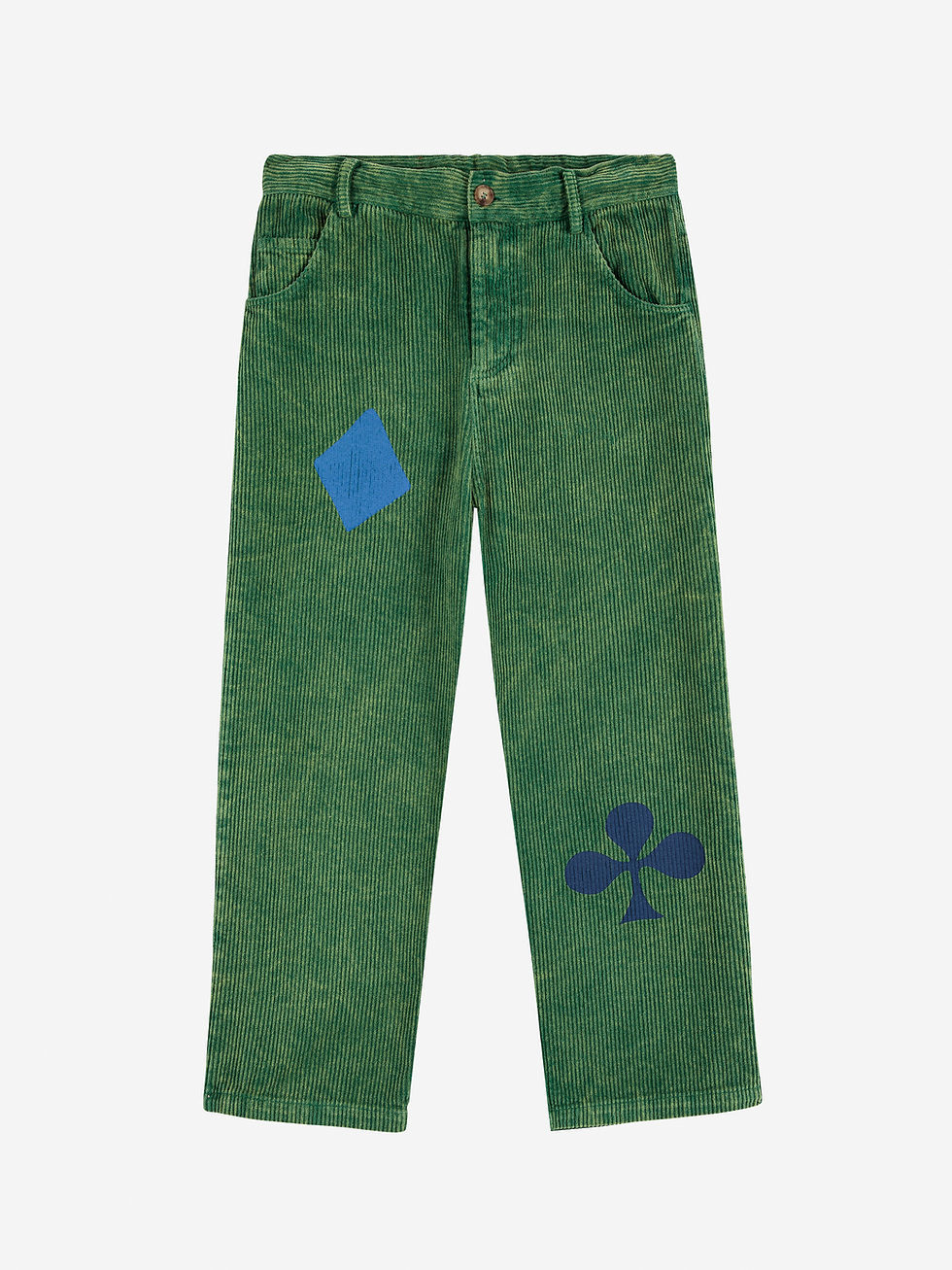 Flat lay front view of green Bobo Joker Corduroy Straight Pants with blue diamond and club patches