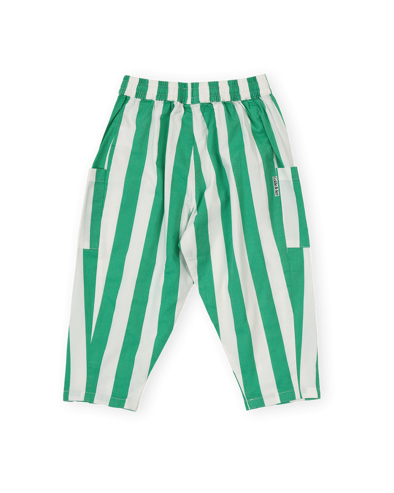 Back view of green and white striped children’s pants with an elastic waistband and side pockets.
