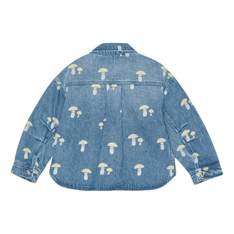 Back view of the shirt highlighting the overall mushroom print and classic denim texture.