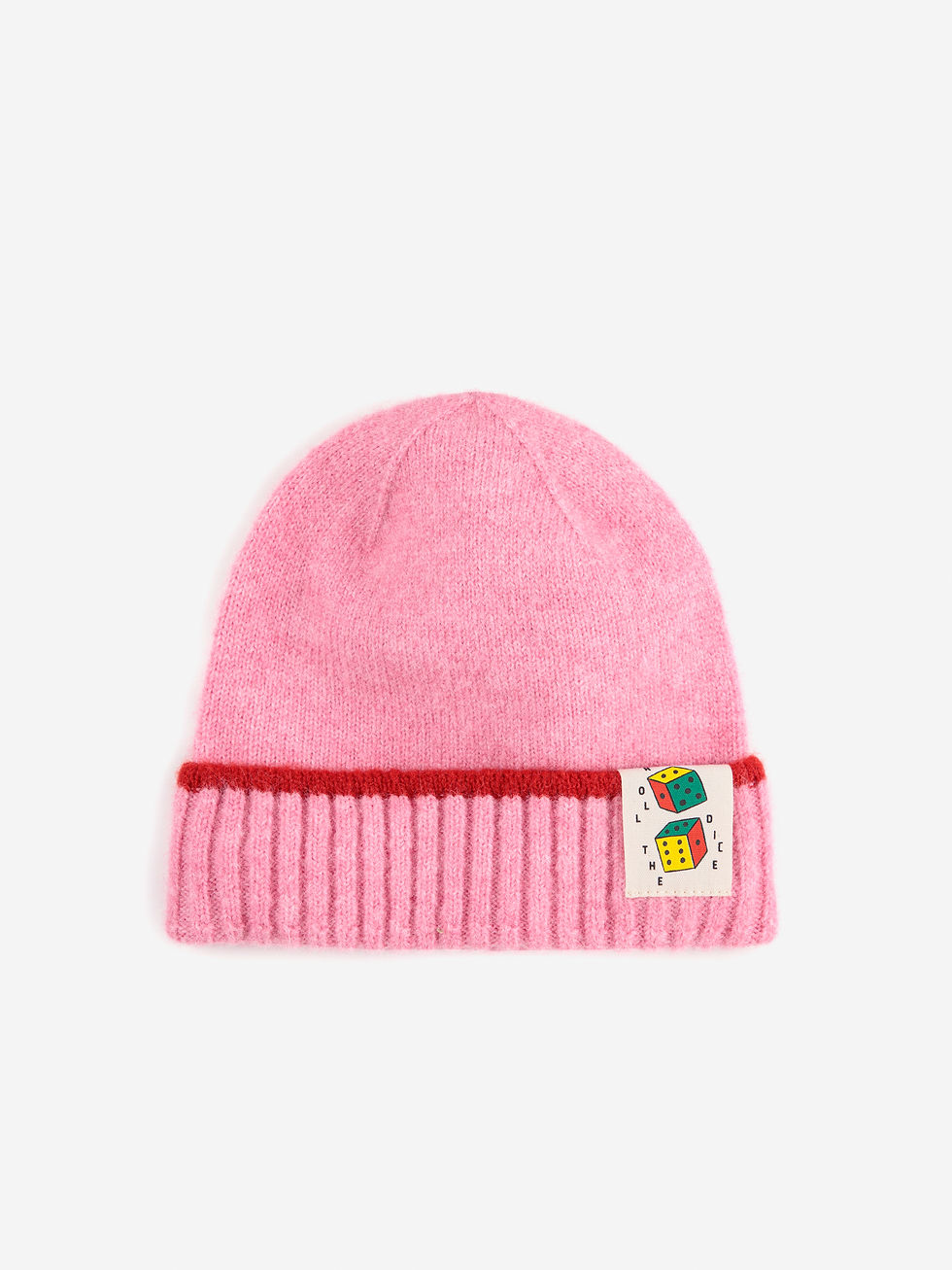 Flat lay of Roll The Dice Beanie in pink with ribbed brim and dice patch