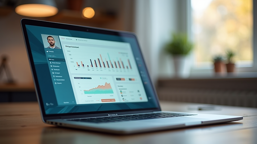 Eye-level view of a laptop with a virtual assistant dashboard on screen
