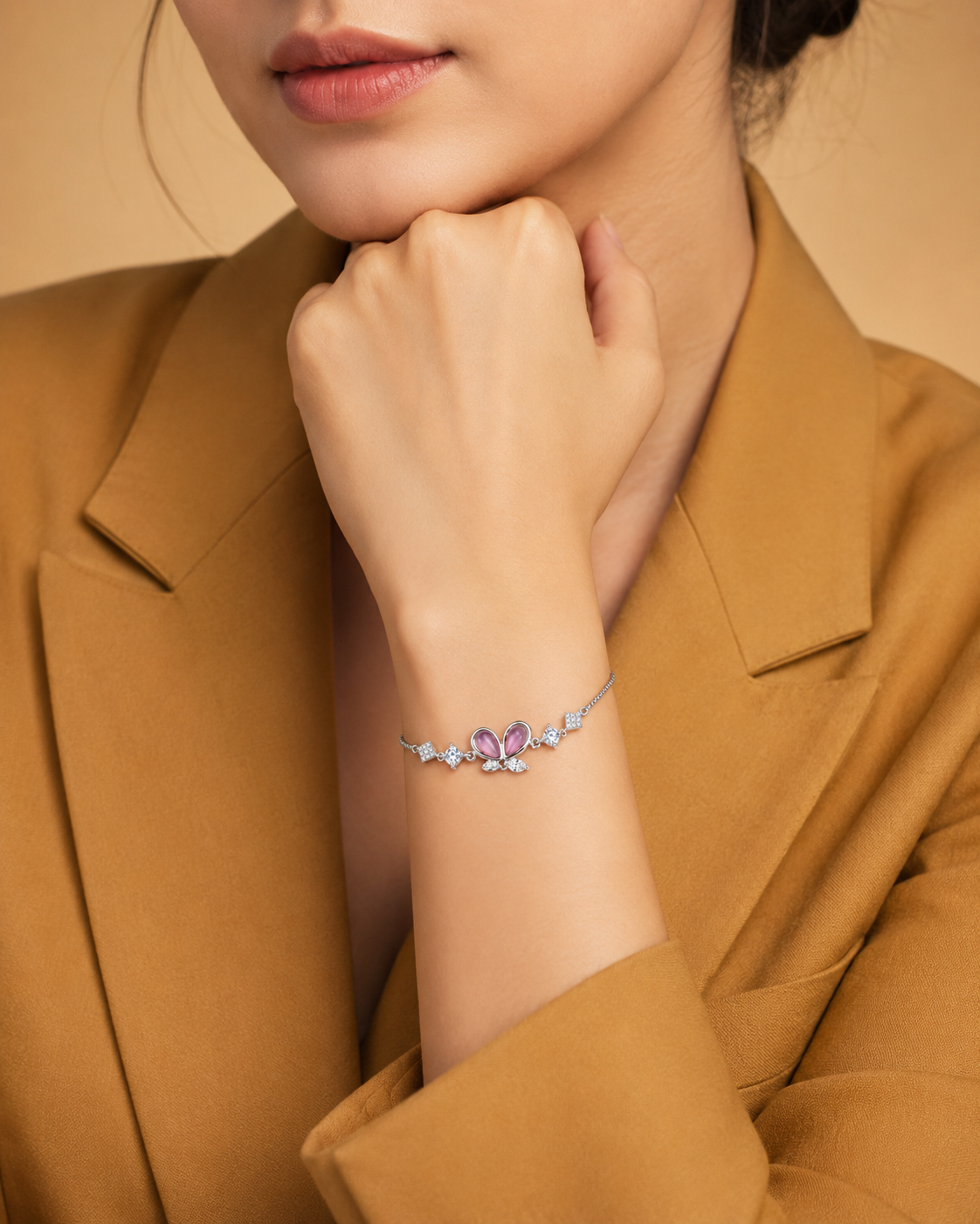 925 Sterling Silver Pink Butterfly Charm Bracelet with CZ Stones for Women