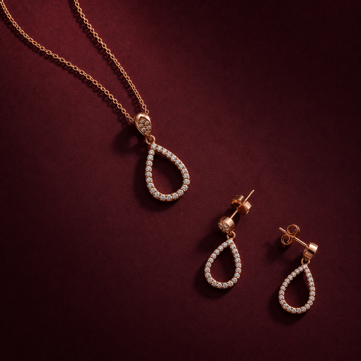 Rose Gold Open Teardrop Pendant & Earrings Set