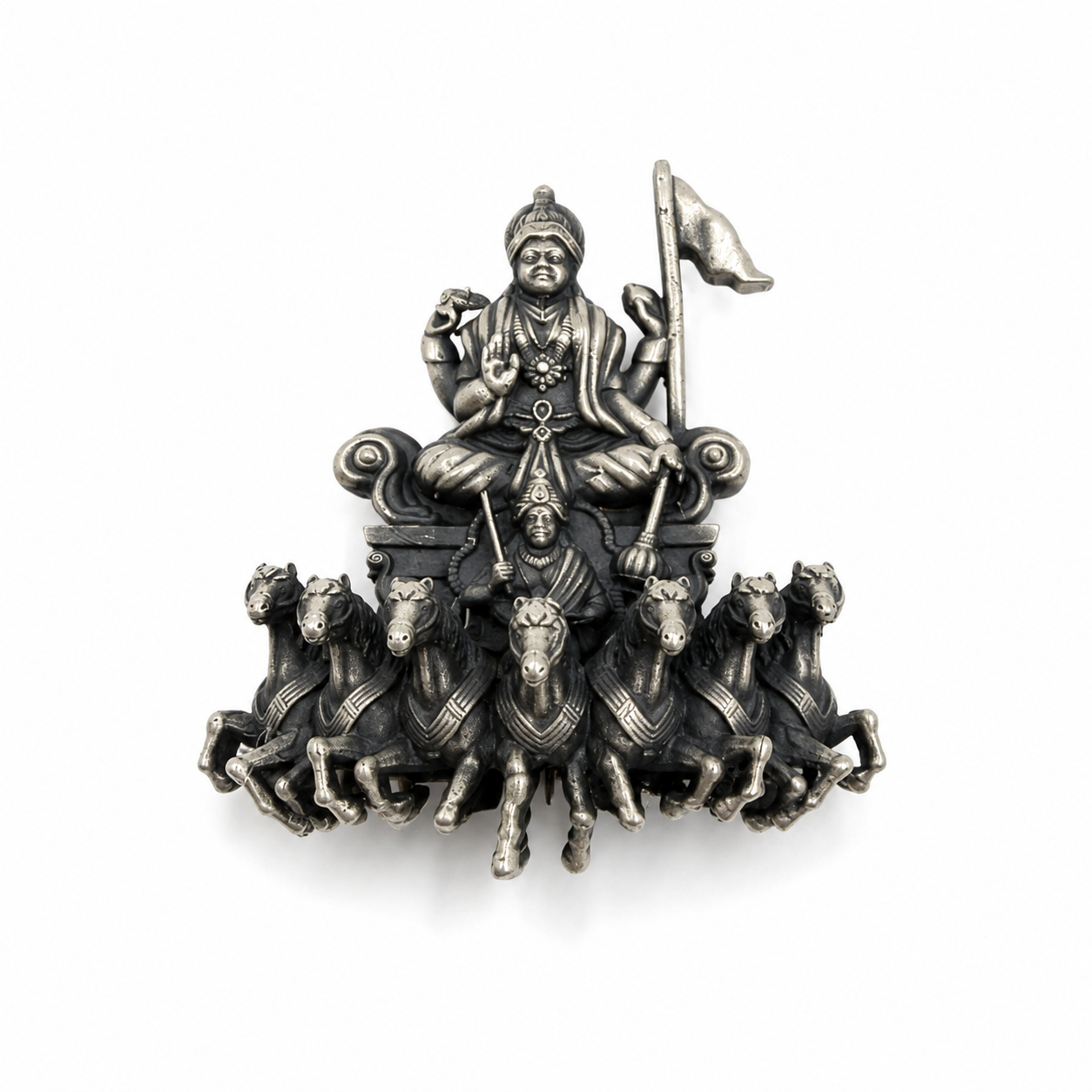 OPULA 925 Silver Surya Dev Seven Horse Chariot Brooch Devotional Jewellery