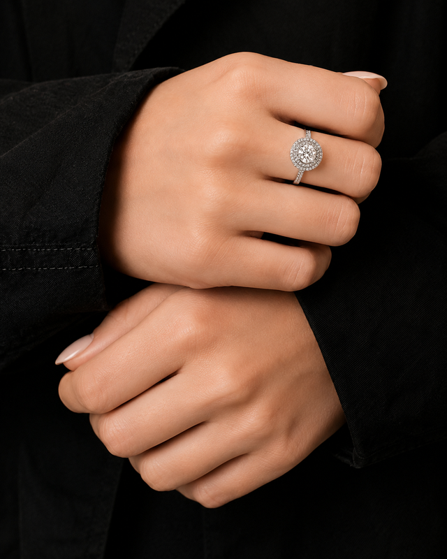 Thumbnail: OPULA Certified 925 Silver Round Halo Split Shank Ring for Women