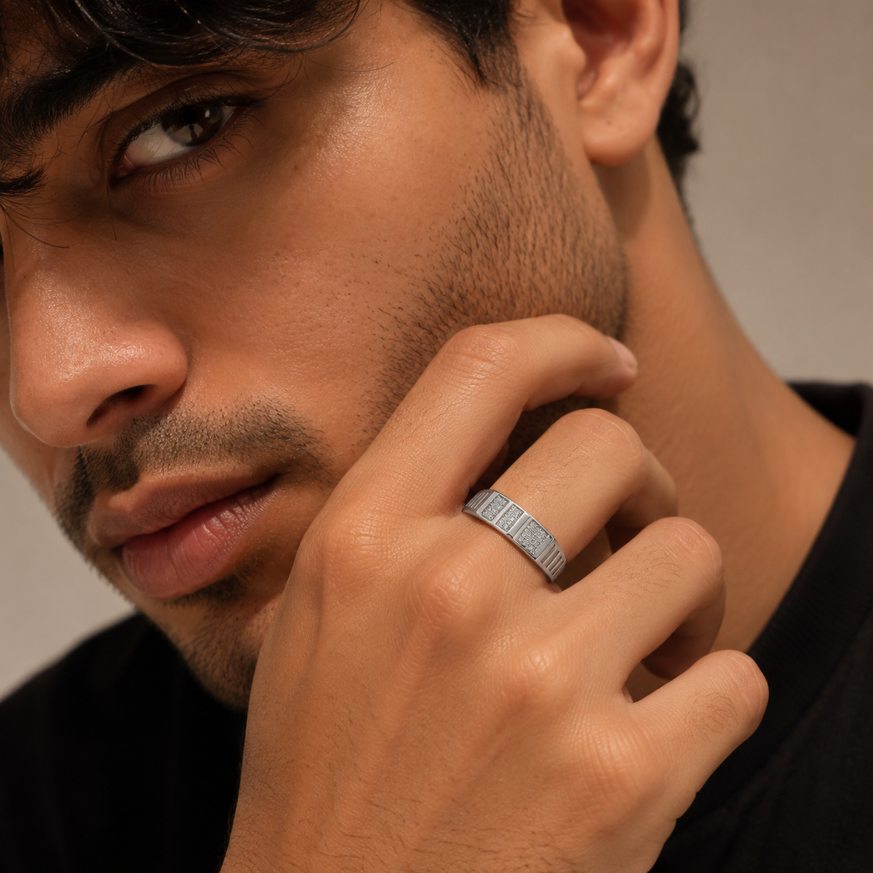 Triple Panel Ribbed Signet Ring for Men 925 Sterling Silver