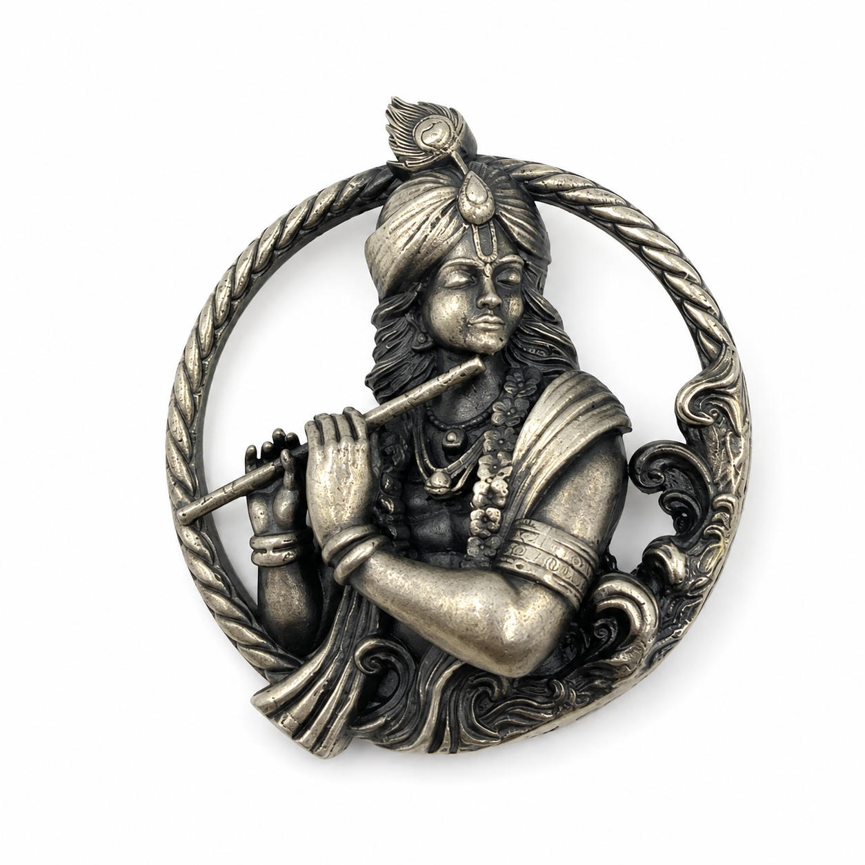 OPULA 925 Silver Lord Krishna Flute Brooch for Men & Women � Antique Finish