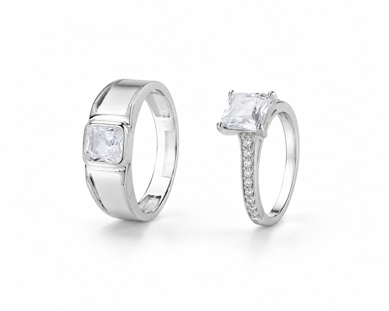 OPULA Certified 925 Silver Rectangular Cut Diamond Couple Rings (Set of 2)
