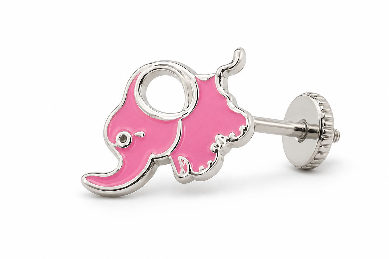 OPULA Silver-Plated Cute Pink Elephant Nose Pin for Kids
