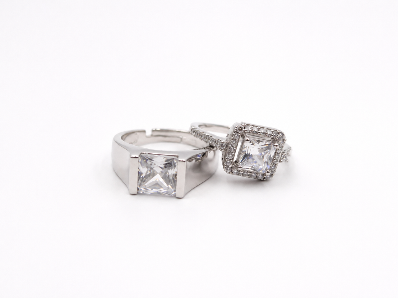OPULA Certified 925 Silver Square Halo Diamond Couple Rings (Set of 2)