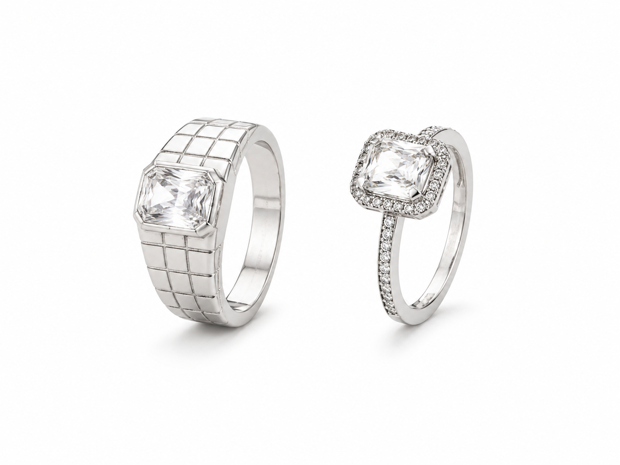 OPULA Certified 925 Silver Pattern Band Diamond Couple Rings (Set of 2)
