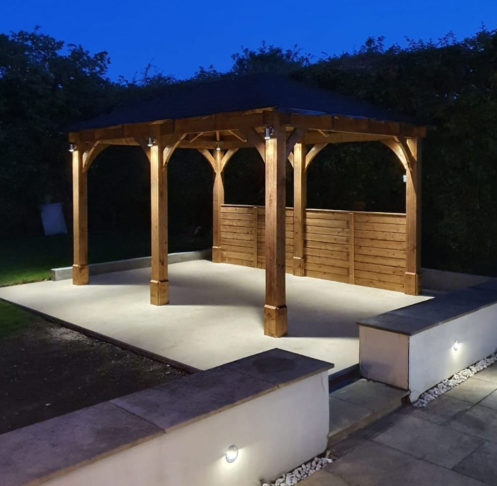Garden gazebo lit at night