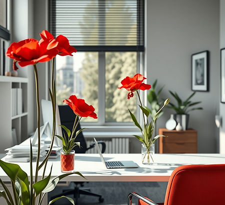 A beautiful office space with red flowers