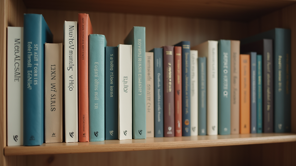 Close-up of a bookshelf filled with books about mental health and wellness