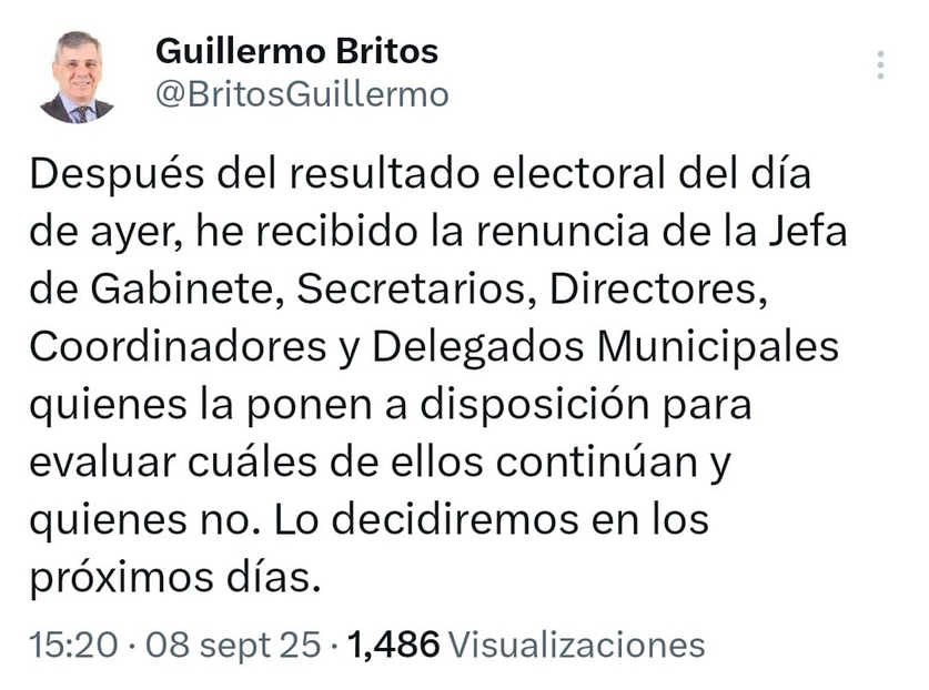 El intendente Britos cuenta con renuncias a disposición de todo el gabinete, ‘en los próximos días’ habrá novedades con respecto a ‘quienes continúan y quienes no’
